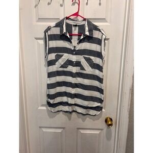 Thread Story Womens Large Blue White Striped Sleeveless Button Up Utility Shirt
